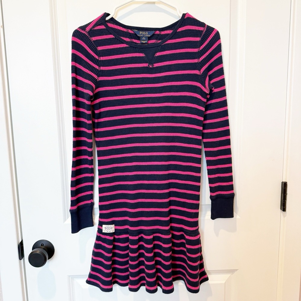 Polo Ralph Lauren Girls Waffle Knit Striped Dress Size 8-10 Preppy Long Sleeve